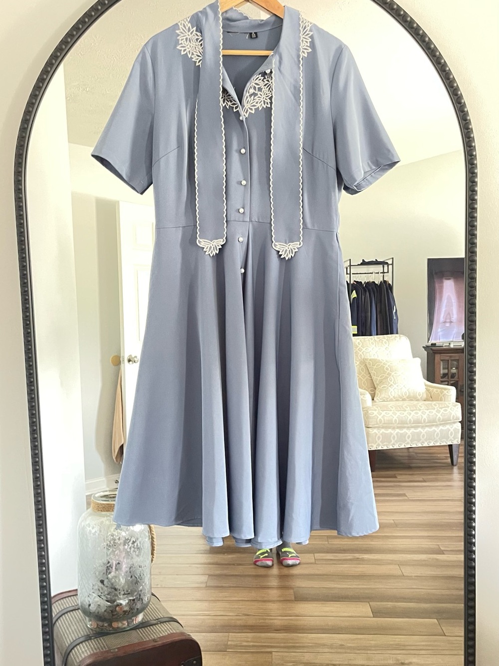 Voodoo Vixen Powder Blue Midi Dress with White Lace Trim